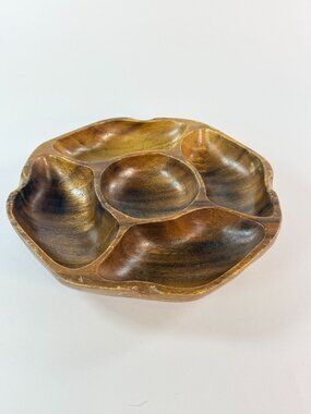 Vintage Handmade Monkey Pod Wood Bowl Divided Serving Tray Dish 5 Compartment